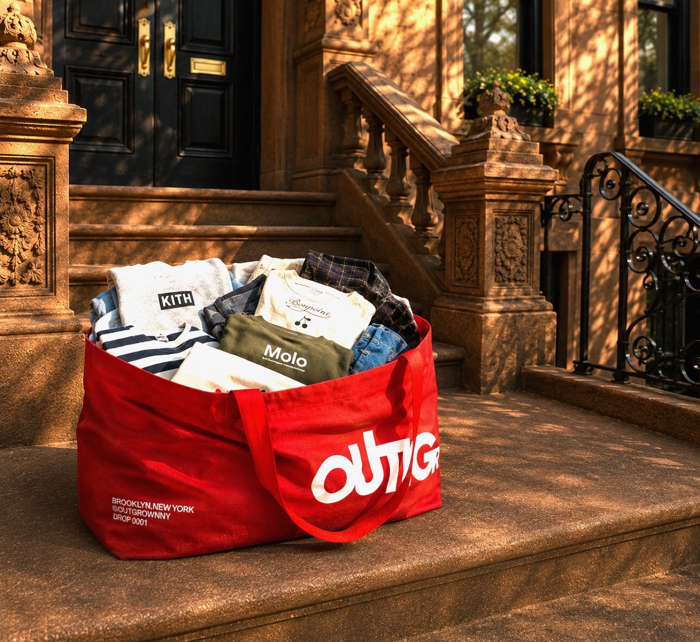 The Outgrown bag on a Brooklyn stoop