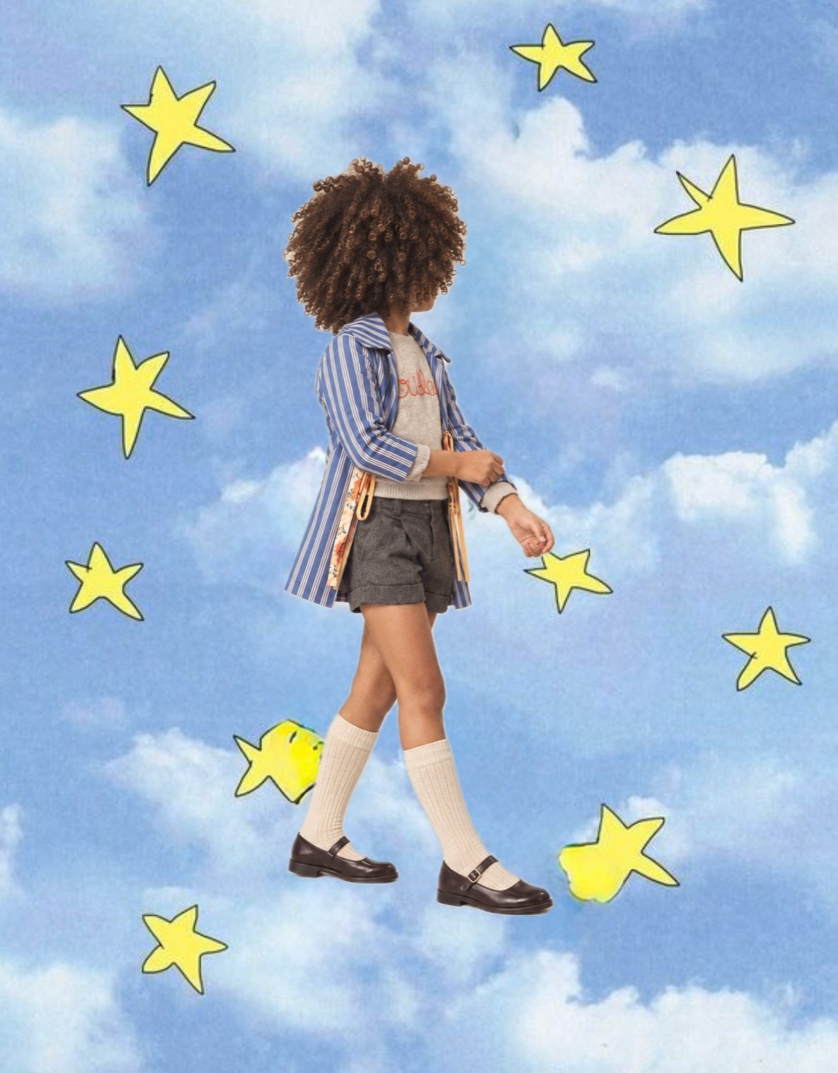 A child walking in the striped coat, grey sweater and wool shorts, against a blue sky of clouds and hand-drawn yellow stars