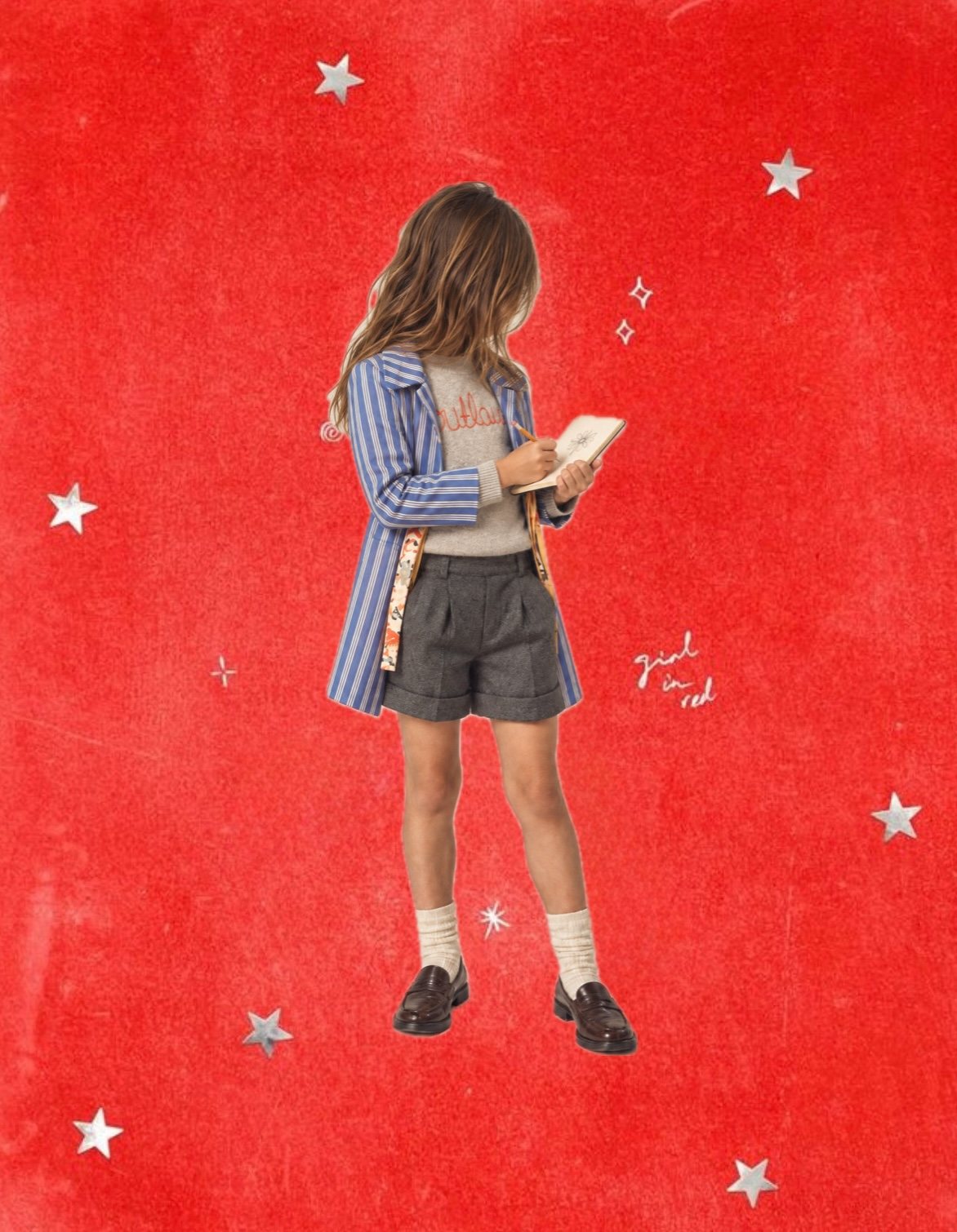 The same outfit seen from behind, the child writing in a notebook on a red ground scattered with silver stars